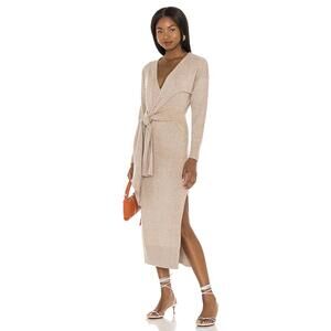 Simkhai Skyla Wool Blend Knit Wrap Midi Dress Beige Long Sleeve Tie Waist  Large